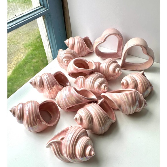 Vintage Pink Lusterware Napkin Rings Iridescent Ceramic Set of 12 Plus 2 Hearts - Picture 1 of 10